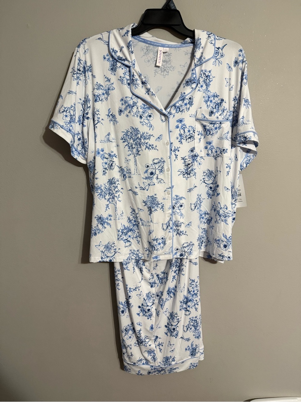 Joyspun Women's Blue Floral Notch Collar Short-Sleeve Pajama Set 3X